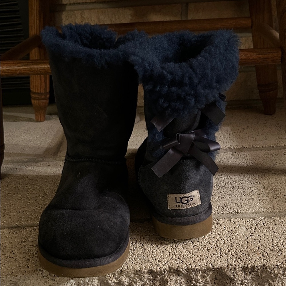 UGG Navy Suede Short Boots with Shearling and Bow Accent